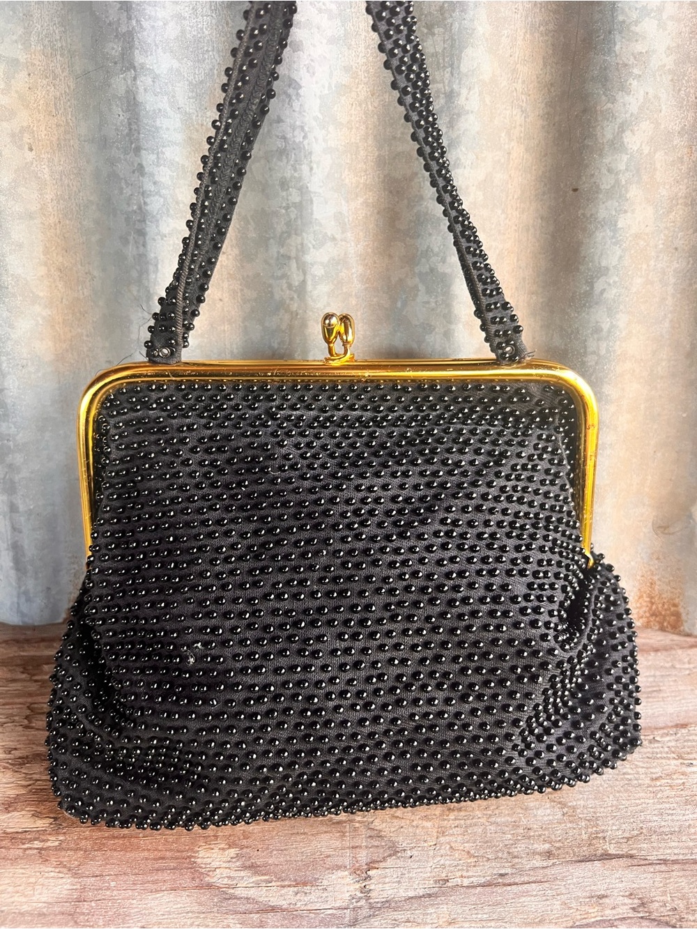 Vintage-Inspired Black Beaded Frame Handbag with Gold Trim